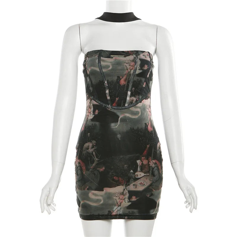 DERSONA 2025 Rave Outfit Printed Mini Dress For Women Hipster Patchwork Pattern Short Midnight Partywear Night Club