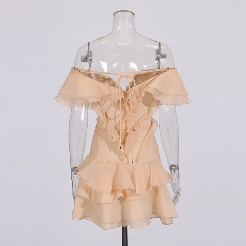 Elegant Spliced Ruffles Mini Dress For Women Slash Neck Off The Shoulder Sleeve High Waist Chic Dresses Female New