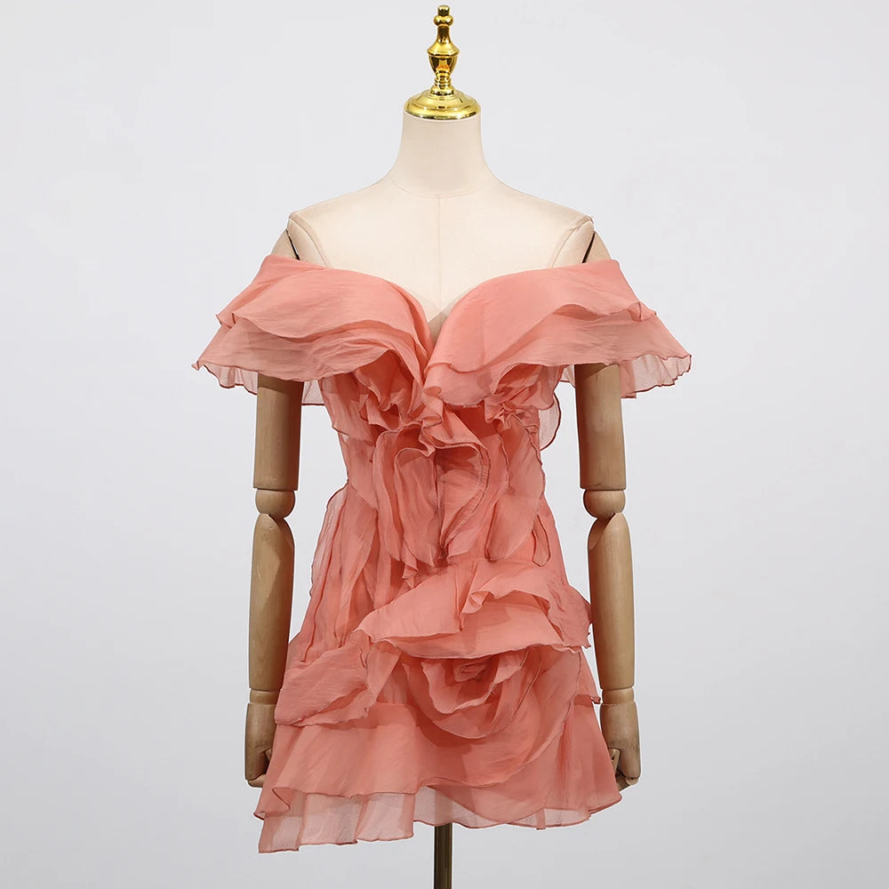 Elegant Spliced Ruffles Mini Dress For Women Slash Neck Off The Shoulder Sleeve High Waist Chic Dresses Female New