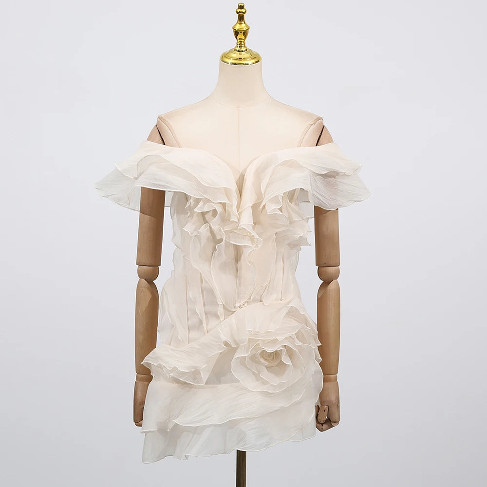 Elegant Spliced Ruffles Mini Dress For Women Slash Neck Off The Shoulder Sleeve High Waist Chic Dresses Female New