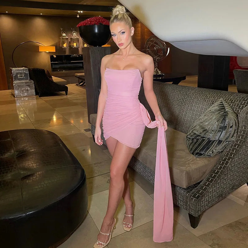 Elegant Mini Dresses Women Sexy Strapless Mesh Streamer Dress Temperament Party Slim solid Skirt
