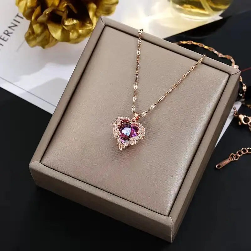 DERSONA 2025 Luxury Colorful Crystal Ocean Heart Pendant Necklace For Women Trendy Stainless Steel Jewelry Female Classy Neck Chain