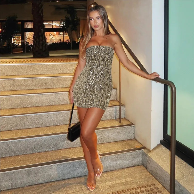Elegant Sequined Mini Dresses Women Sleeveless Backless Slim Dress Party Nightclub