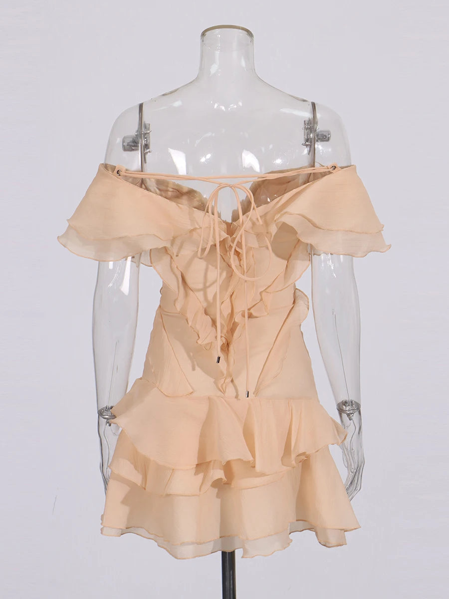 Elegant Spliced Ruffles Mini Dress For Women Slash Neck Off The Shoulder Sleeve High Waist Chic Dresses Female New
