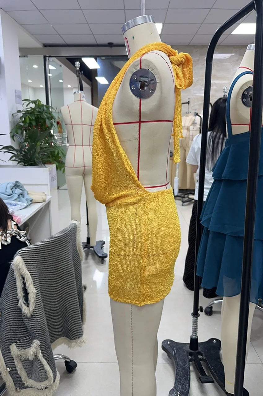 Women Sexy Deep V Neck Mini Dress Sequin Knit Bodycon Halter Cowl Neck Short Dress Y2k Backless Party Dresses Rave Outfit