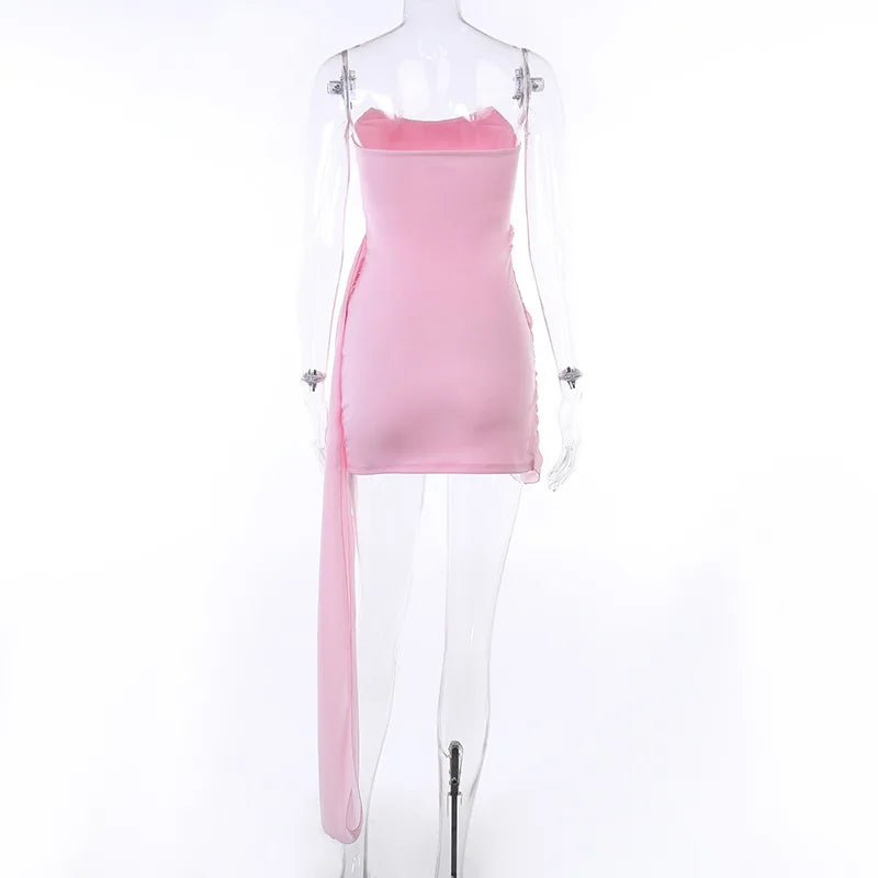 Elegant Mini Dresses Women Sexy Strapless Mesh Streamer Dress Temperament Party Slim solid Skirt