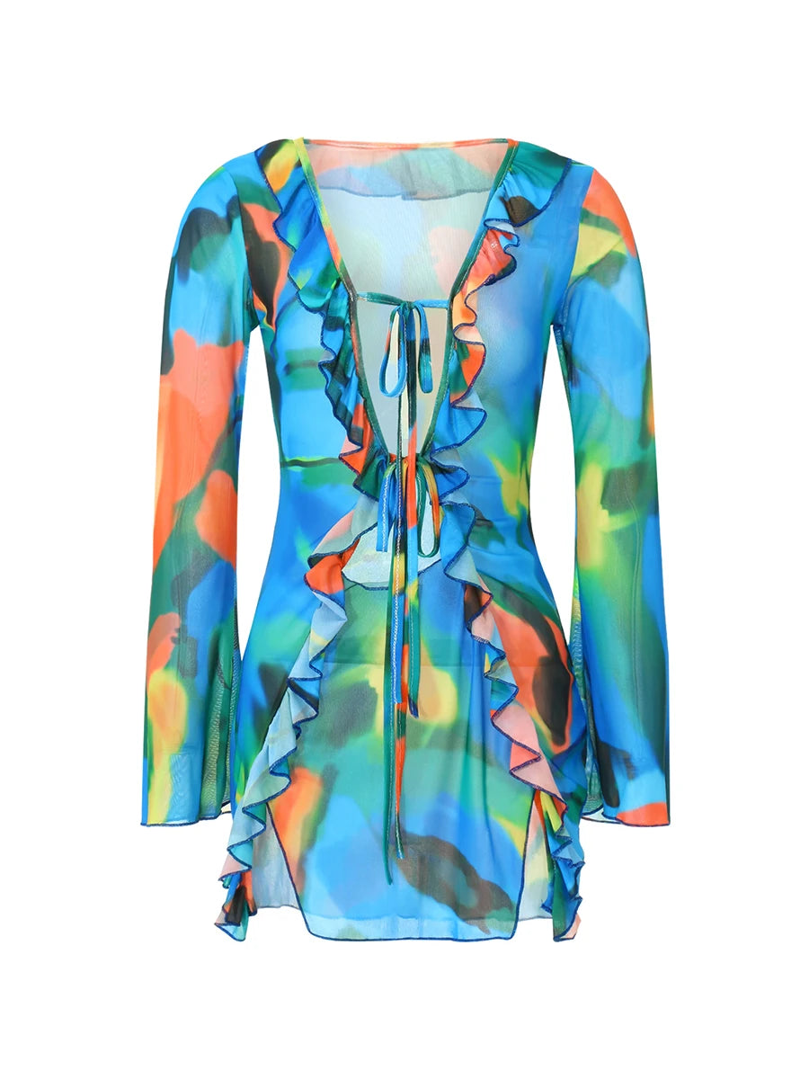 Women Mini Dress Long Sleeve Lacing Tie-dye Print Patchwork Slit Bodycon Dress for Club Party