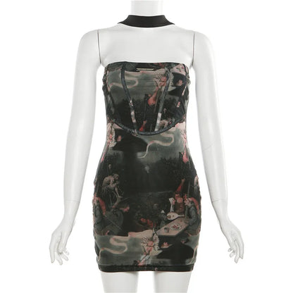 DERSONA 2025 Rave Outfit Printed Mini Dress For Women Hipster Patchwork Pattern Short Midnight Partywear Night Club