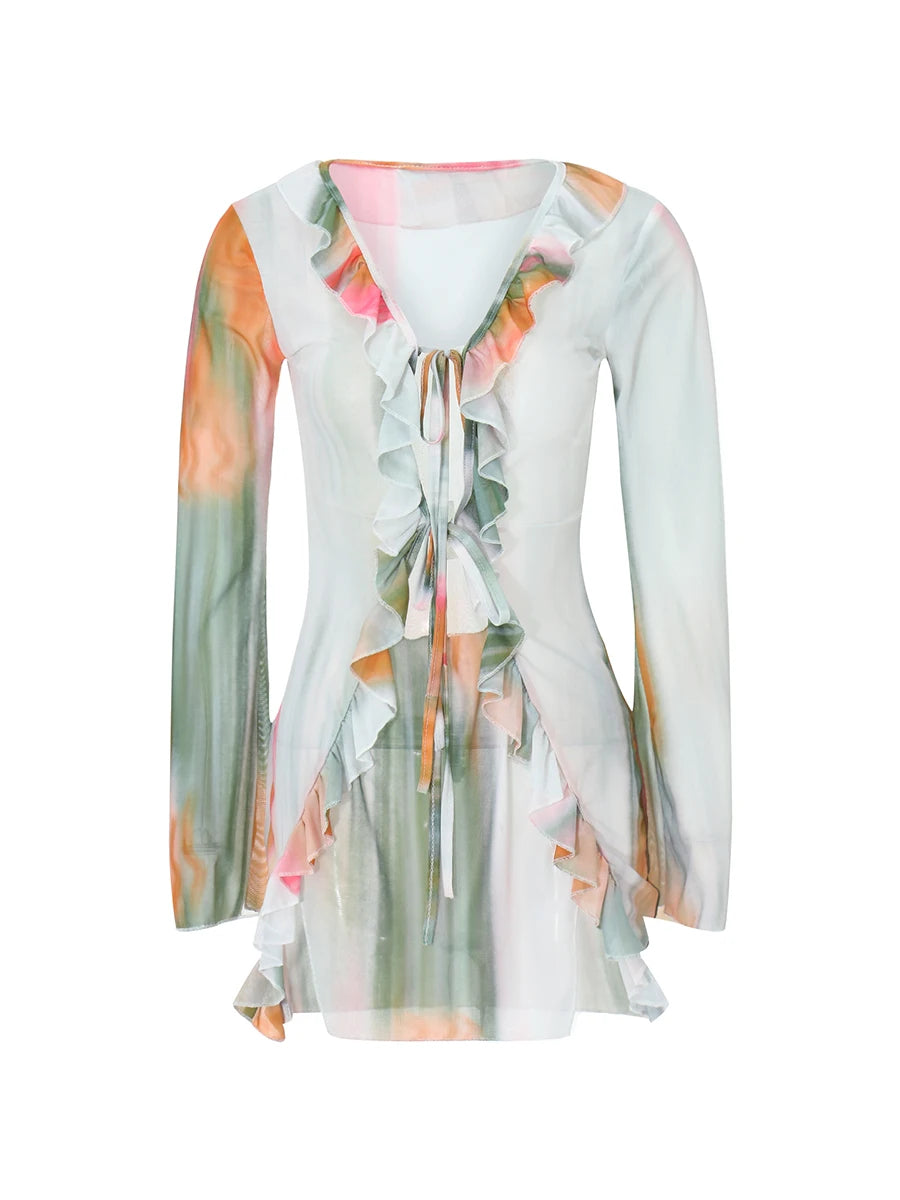 Women Mini Dress Long Sleeve Lacing Tie-dye Print Patchwork Slit Bodycon Dress for Club Party