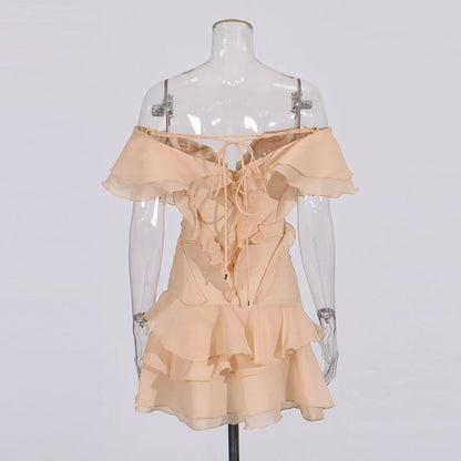 Elegant Spliced Ruffles Mini Dress For Women Slash Neck Off The Shoulder Sleeve High Waist Chic Dresses Female New