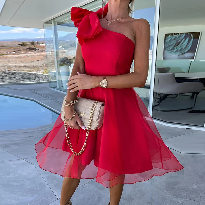 DERSONA Elegant Women’s One Shoulder Sleeveless Mini Dress Backless Zipper Solid Party Dress Ladies Mesh Patchwork Classy Dress