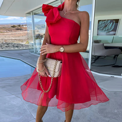 DERSONA Elegant Women’s One Shoulder Sleeveless Mini Dress Backless Zipper Solid Party Dress Ladies Mesh Patchwork Classy Dress