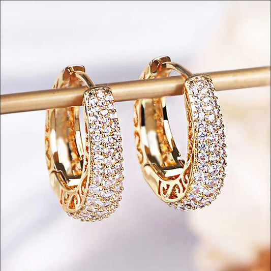 DERSONA Elegant Hollow Gold Color Hoop Earrings for Women Paved Dazzling Stone Luxury Trendy Female Circle Earrings Statement Jewelry