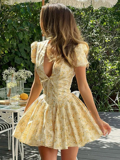 DERSONA New Floral Print Pleated Mini Dress For Women V Neck Short Sleeve Lace Up Elegant Outfits
