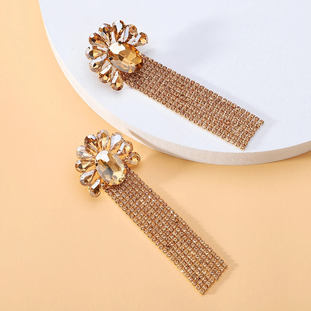 DERSONA Elegant Long Tassel Charm Dangle Earrings for Women Trendy Luxury Geometric Flower Crystal Glass Jewelry