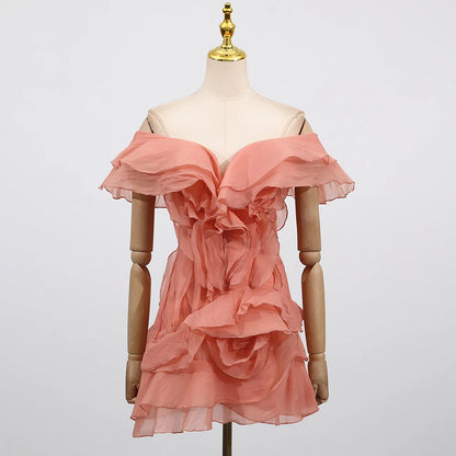 Elegant Spliced Ruffles Mini Dress For Women Slash Neck Off The Shoulder Sleeve High Waist Chic Dresses Female New