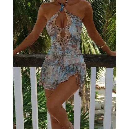 Women Halter Mini Dress 2025 Summer Printed Backless Sleeveless Chiffon Beach Sexy Vestidos Vacation Clubwear Party Gown