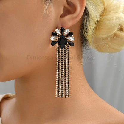 DERSONA Elegant Long Tassel Charm Dangle Earrings for Women Trendy Luxury Geometric Flower Crystal Glass Jewelry