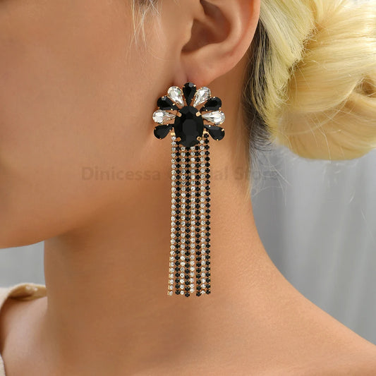 DERSONA Elegant Long Tassel Charm Dangle Earrings for Women Trendy Luxury Geometric Flower Crystal Glass Jewelry