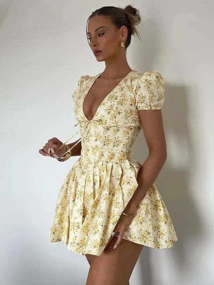 DERSONA New Floral Print Pleated Mini Dress For Women V Neck Short Sleeve Lace Up Elegant Outfits