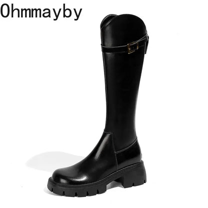 DERSONA Fall Fashion Women Knee High Boots Square High Heels Autumn Winter Warm Elegant