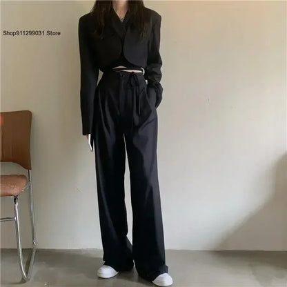 2025 DERSONA Women's New Chic Crop Blazer Jacket & High Waist Trousers Suits Wide Leg Pants Outfit 2-Piece Set Fashion For Female Summer