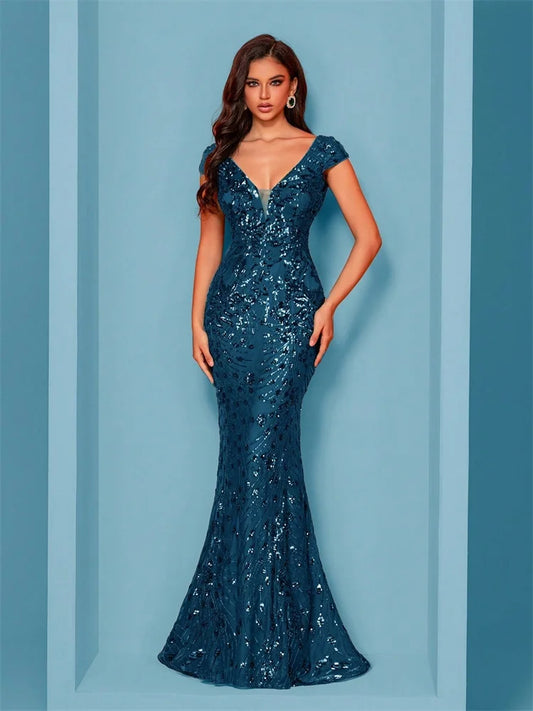 DERSONA Elegant Blue Evening Dress For Women Long 2026 Luxury Mermaid Formal Sequins Prom Wedding Party Dress