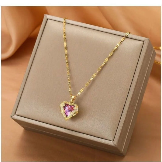 DERSONA 2025 Luxury Colorful Crystal Ocean Heart Pendant Necklace For Women Trendy Stainless Steel Jewelry Female Classy Neck Chain