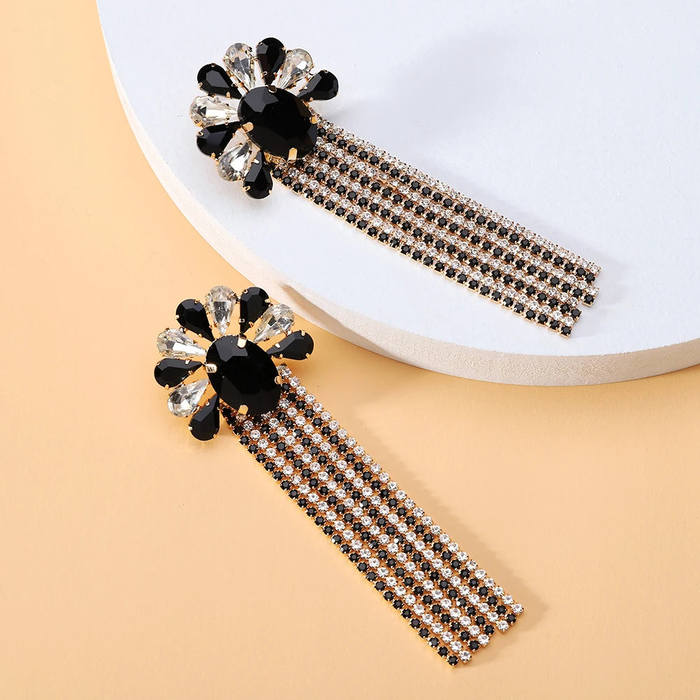 DERSONA Elegant Long Tassel Charm Dangle Earrings for Women Trendy Luxury Geometric Flower Crystal Glass Jewelry