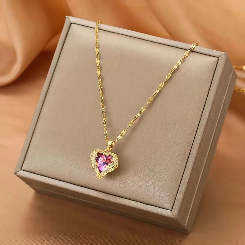 DERSONA 2025 Luxury Colorful Crystal Ocean Heart Pendant Necklace For Women Trendy Stainless Steel Jewelry Female Classy Neck Chain