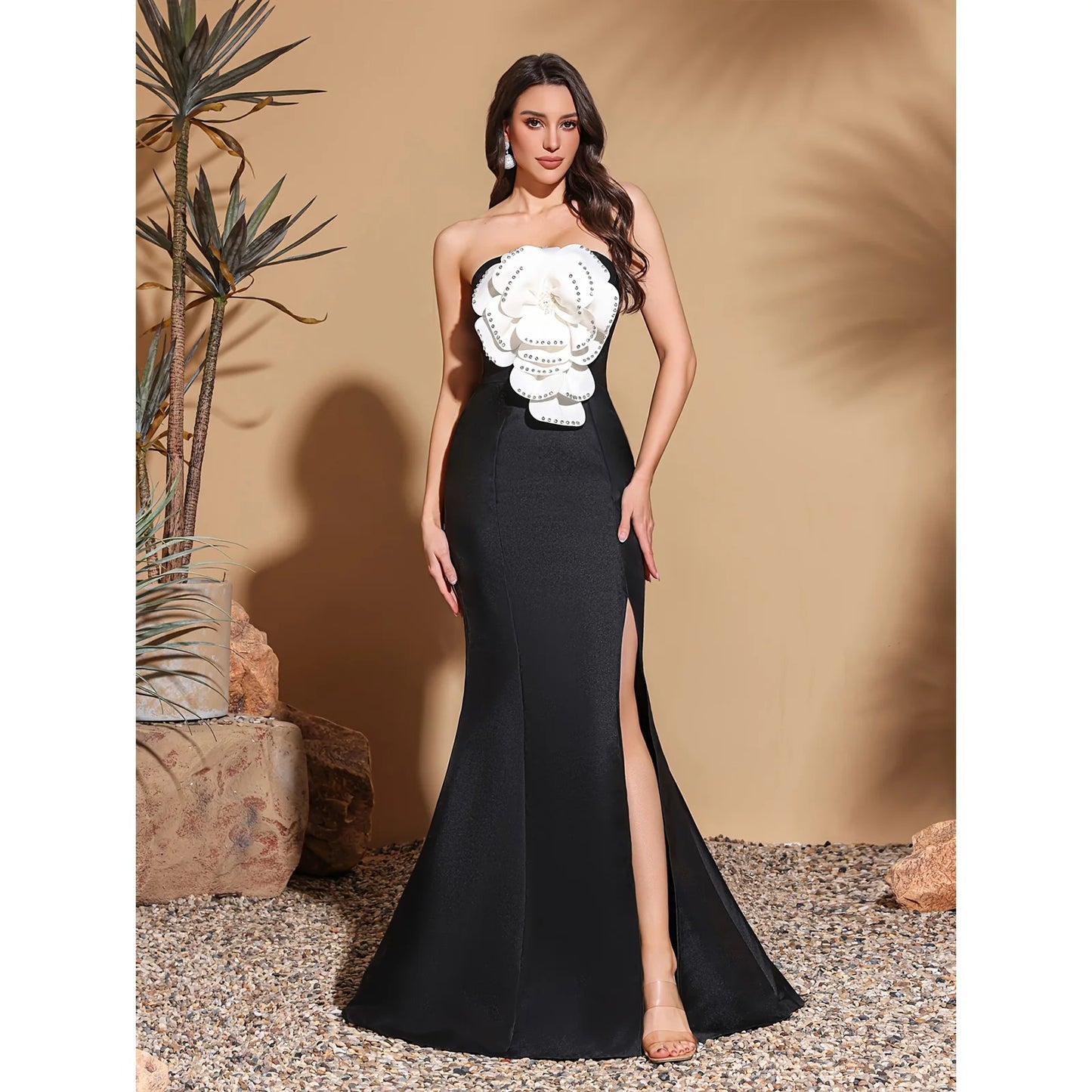 DERSONA Elegant Evening Gown rhinestone & flower embellishment fishtail Dress