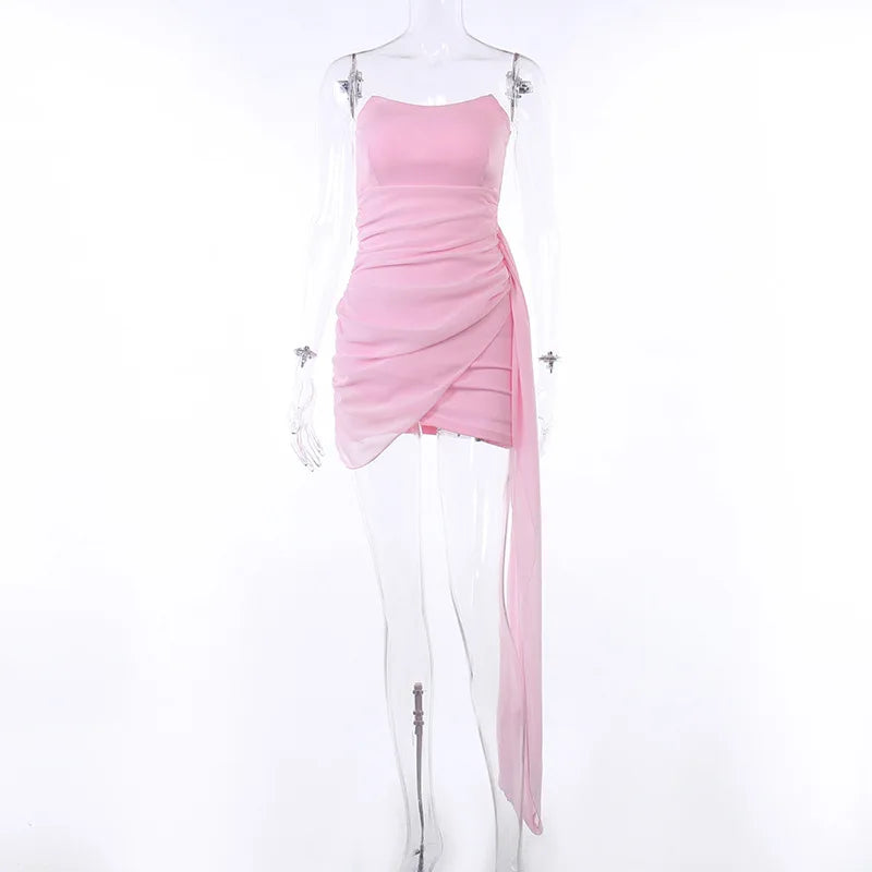 Elegant Mini Dresses Women Sexy Strapless Mesh Streamer Dress Temperament Party Slim solid Skirt
