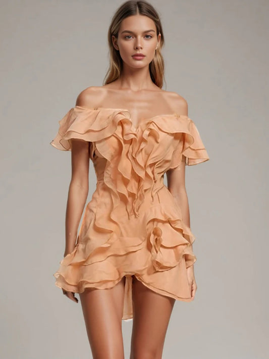 Elegant Spliced Ruffles Mini Dress For Women Slash Neck Off The Shoulder Sleeve High Waist Chic Dresses Female New