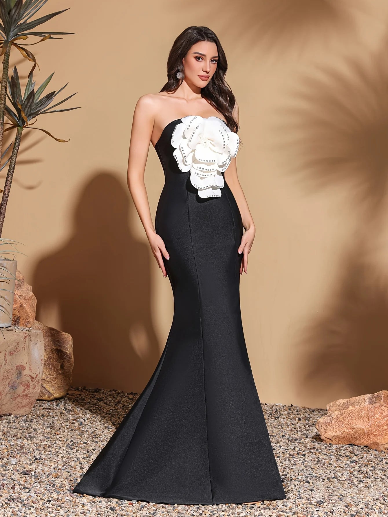 DERSONA Elegant Evening Gown rhinestone & flower embellishment fishtail Dress