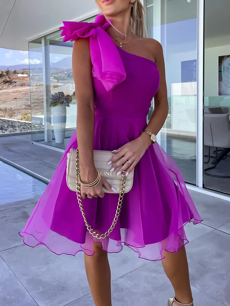 DERSONA Elegant Women’s One Shoulder Sleeveless Mini Dress Backless Zipper Solid Party Dress Ladies Mesh Patchwork Classy Dress