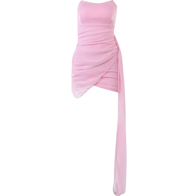 Elegant Mini Dresses Women Sexy Strapless Mesh Streamer Dress Temperament Party Slim solid Skirt