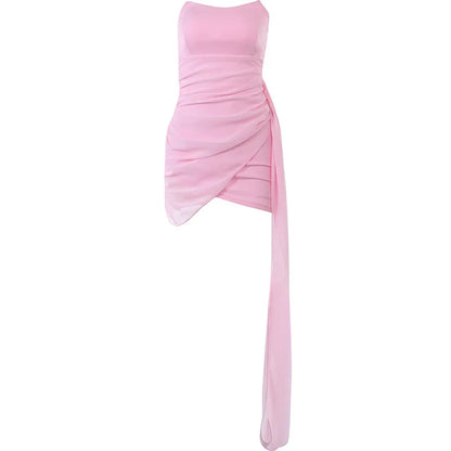 Elegant Mini Dresses Women Sexy Strapless Mesh Streamer Dress Temperament Party Slim solid Skirt