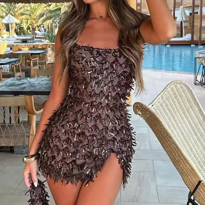 Sexy Off Shoulder Sleeveless Mini Dress Women Fashion Backless High Waist Short Dress Elegant Sparkling Tassel Slim Party Dress