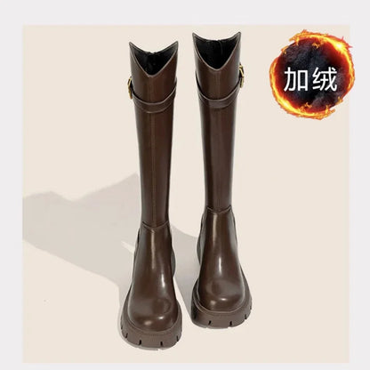 DERSONA Fall Fashion Women Knee High Boots Square High Heels Autumn Winter Warm Elegant