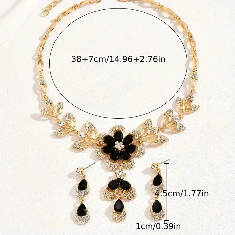 DERSONA 3Pcs Fashion Jewelry Set Luxurious Rhinestone Crystal Flower Earrings Elegant Women's Banquet Wedding Accessories Necklace Set