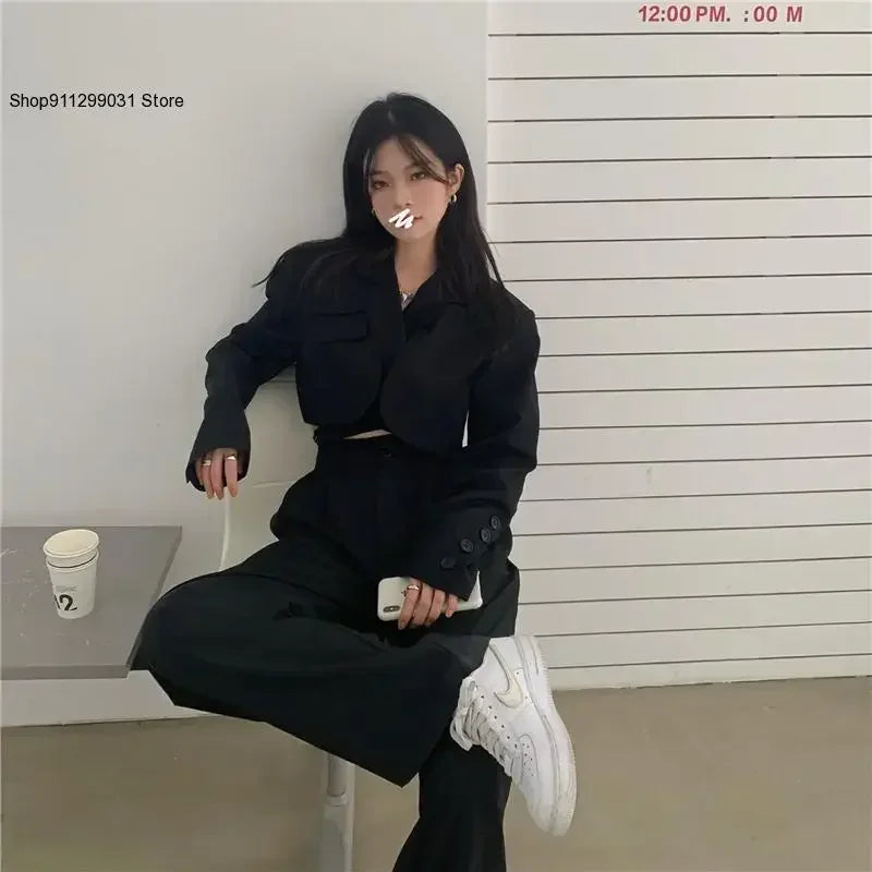 2025 DERSONA Women's New Chic Crop Blazer Jacket & High Waist Trousers Suits Wide Leg Pants Outfit 2-Piece Set Fashion For Female Summer