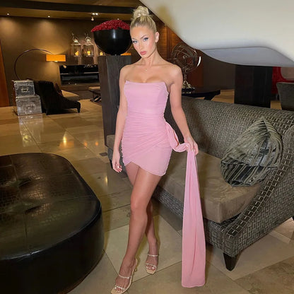 Elegant Mini Dresses Women Sexy Strapless Mesh Streamer Dress Temperament Party Slim solid Skirt