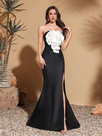 DERSONA Elegant Evening Gown rhinestone & flower embellishment fishtail Dress