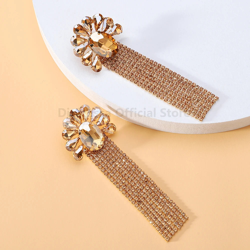 DERSONA Elegant Long Tassel Charm Dangle Earrings for Women Trendy Luxury Geometric Flower Crystal Glass Jewelry