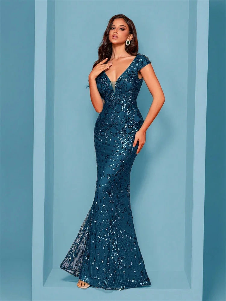 DERSONA Elegant Blue Evening Dress For Women Long 2026 Luxury Mermaid Formal Sequins Prom Wedding Party Dress