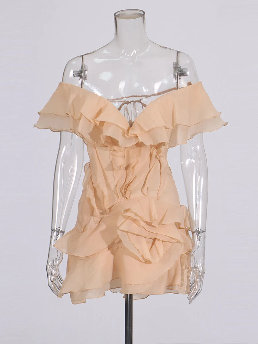 Elegant Spliced Ruffles Mini Dress For Women Slash Neck Off The Shoulder Sleeve High Waist Chic Dresses Female New