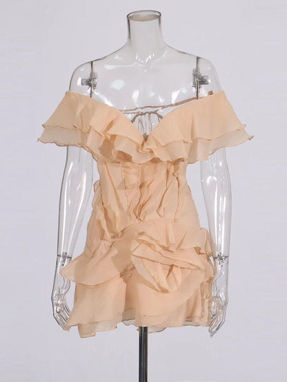 Elegant Spliced Ruffles Mini Dress For Women Slash Neck Off The Shoulder Sleeve High Waist Chic Dresses Female New