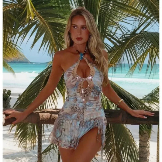 Women Halter Mini Dress 2025 Summer Printed Backless Sleeveless Chiffon Beach Sexy Vestidos Vacation Clubwear Party Gown