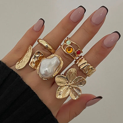 6Pcs Fashionable Rings Set for Women Men Vintage Flower Pearl Crystal European Open Rings Luxury Jewelry