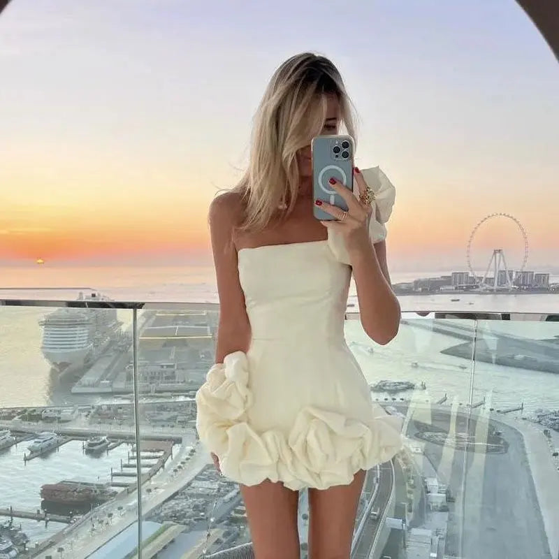 Elegant Strapless Mini Dress Sexy Backless High Waist A-line Dresses Vintage Evening Club Party Female Robes Party Dress